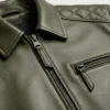 Mens Olive Green Quilted Shoulders Leather Bomber Jacket