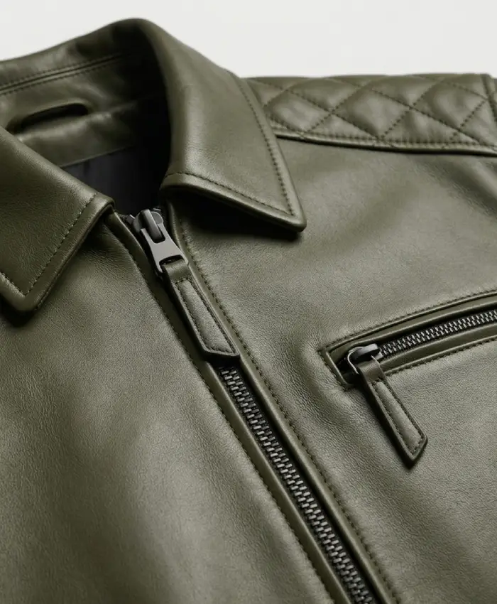 Mens Olive Green Quilted Shoulders Leather Bomber Jacket