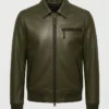 Quilted Shoulders Olive Green Bomber Style Leather Jacket