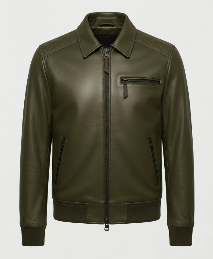 Quilted Shoulders Olive Green Bomber Style Leather Jacket