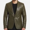 Olive Green Single Button Leather Blazer for Mens