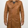 Quilted Shoulder Wide Lapel Collar Leather Trench Coat