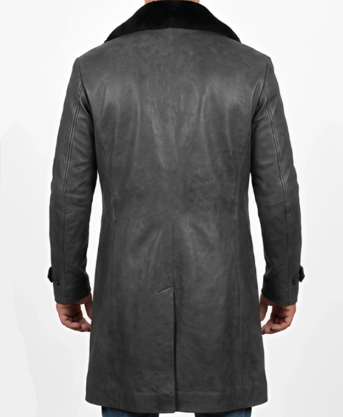 Men's Shearling Collar Leather Trench Long Coat