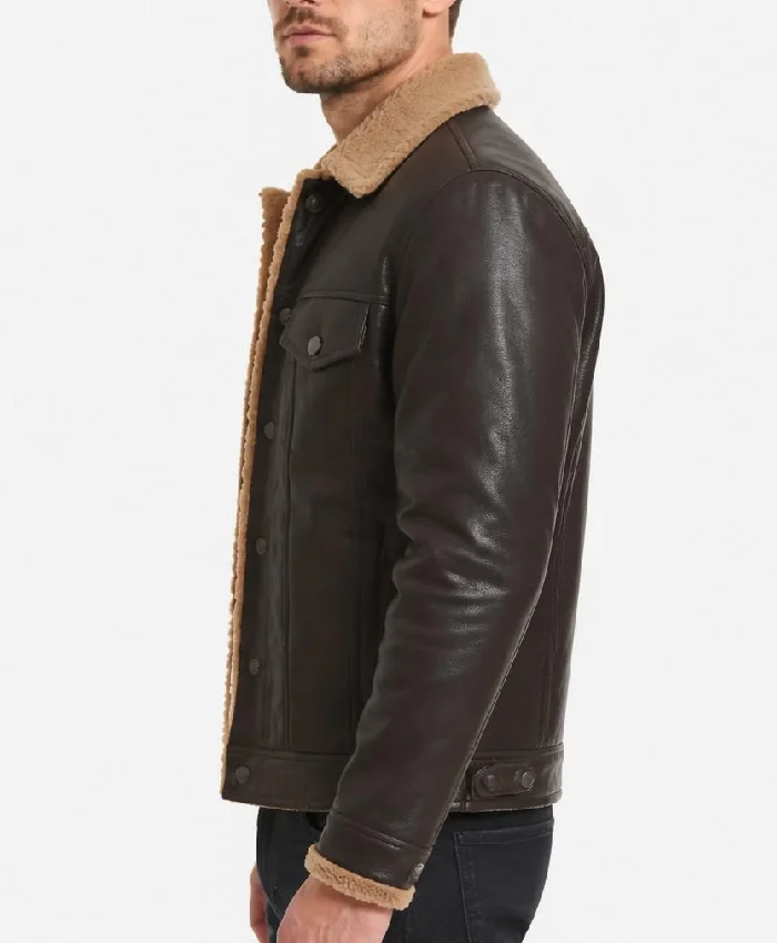 Mens Shearling Trim Dark Brown Real Leather Trucker Jacket