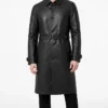 Men's Single Breasted Black Leather Trench Belted Coat
