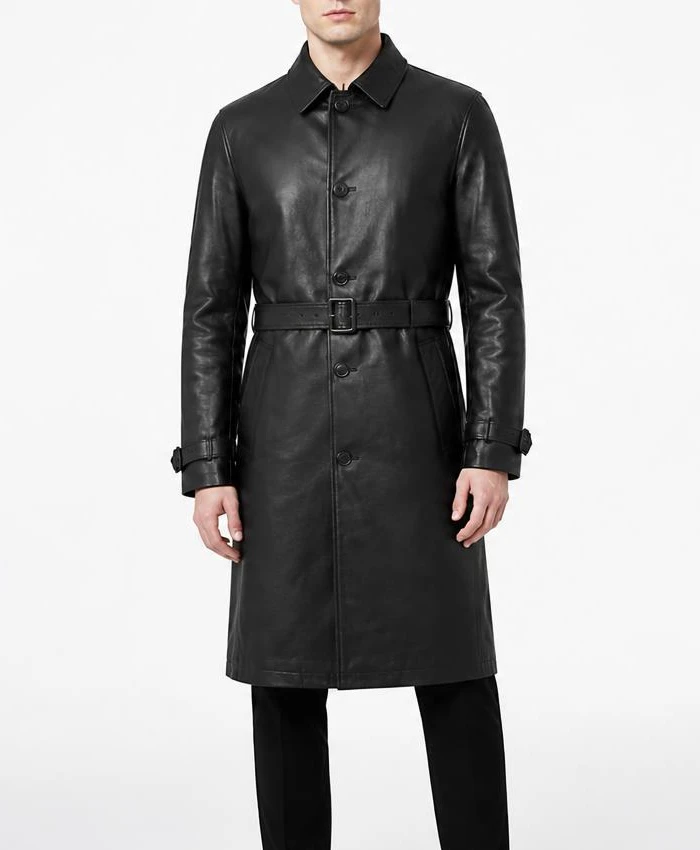 Men's Single Breasted Black Leather Trench Belted Coat