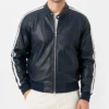 Striped Sleeves Navy Leather Jacket for Men