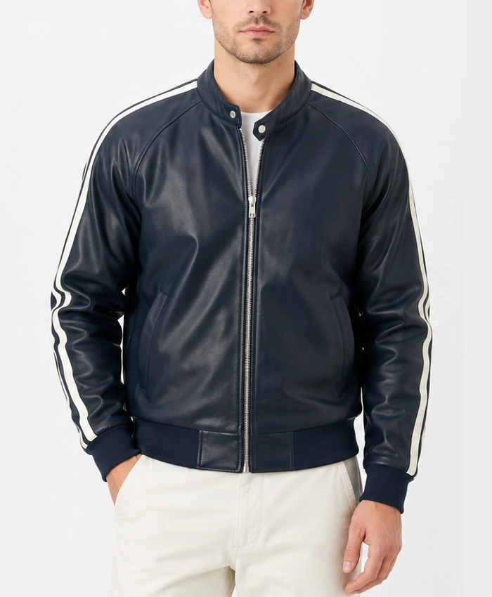 Striped Sleeves Navy Leather Jacket for Men