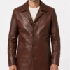 Tan Distressed Leather Car Coat for Mens