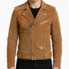 Mens Biker Style Tan Real Suede Jacket