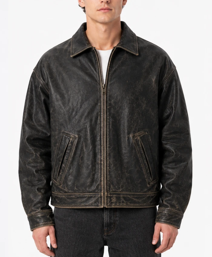 Vintage Distressed Oversized Leather Jacket for Mens