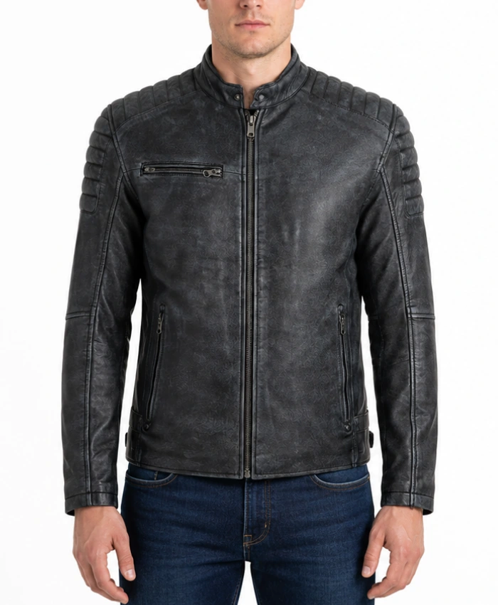 Washed Black Distressed Cafe Racer Jacket for Men