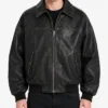 Mens Leather Black Bomber Drop Shoulder Jacket