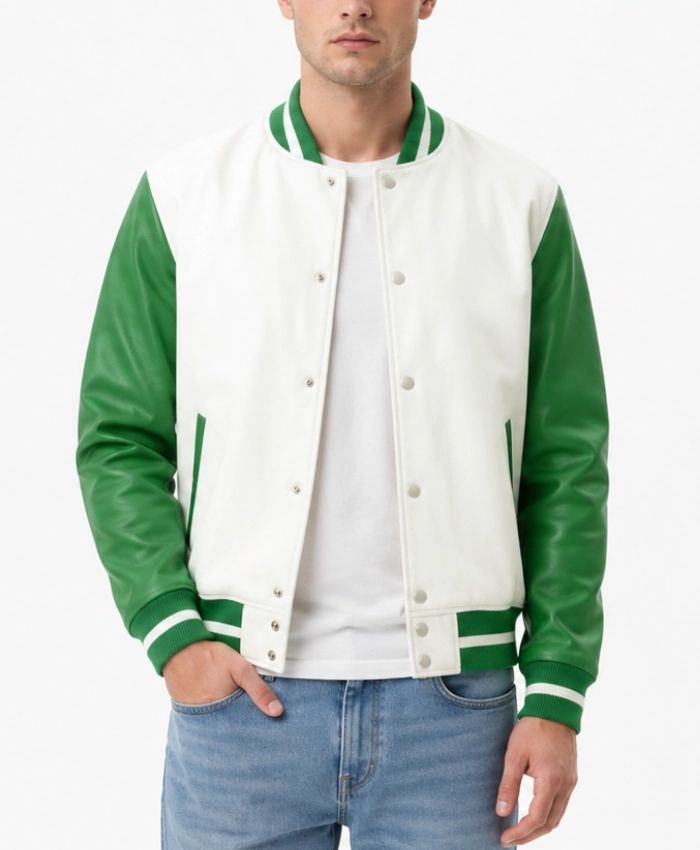 Mens White and Green Varsity Leather Jacket