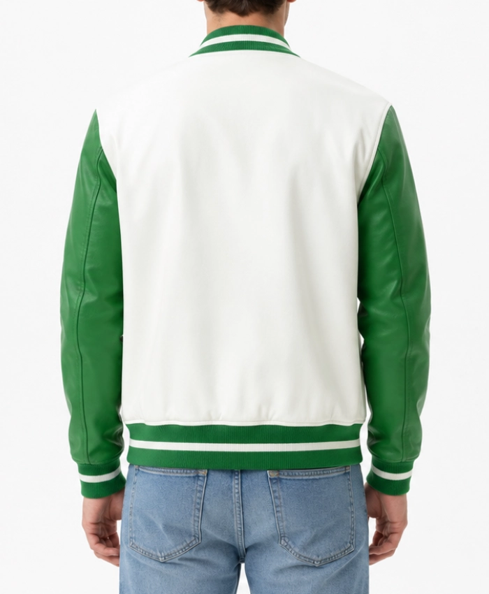 Mens White and Green Leather Varsity Jacket
