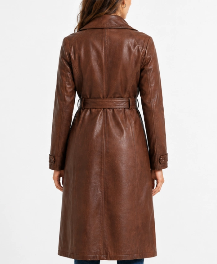 Womens Mid Length Cognac Waxed Leather Coat