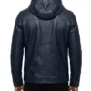 Men Navy Blue Hooded Leather Jacket