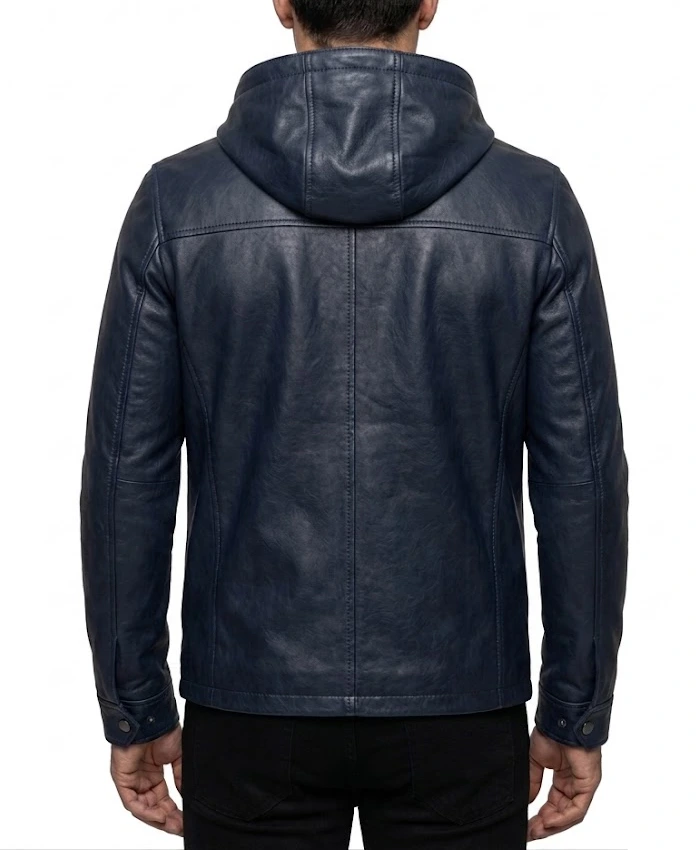 Men Navy Blue Hooded Leather Jacket