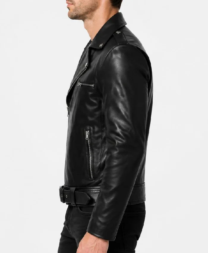Negan Black Asymmetrical Belted Biker Leather Jacket For Men