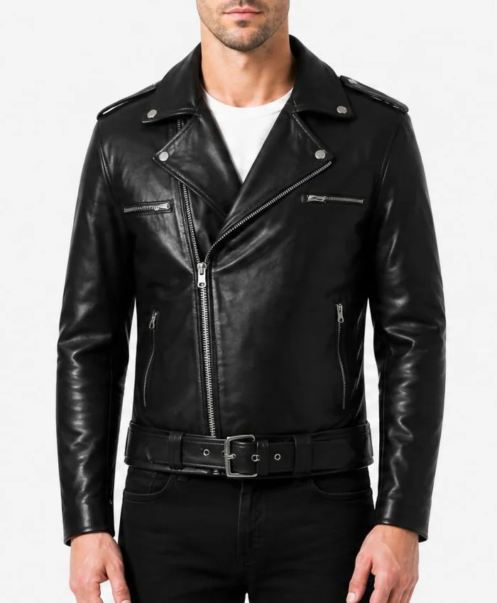 Negan Black Asymmetrical Belted Biker Leather Jacket Men