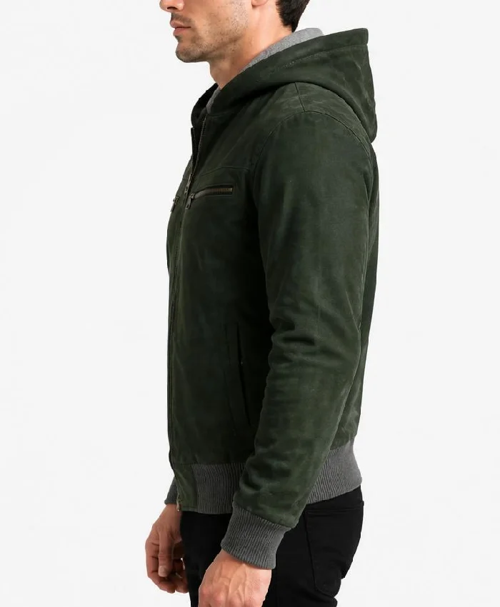 Nintenzo Green Hooded Suede Bomber Jacket For Men