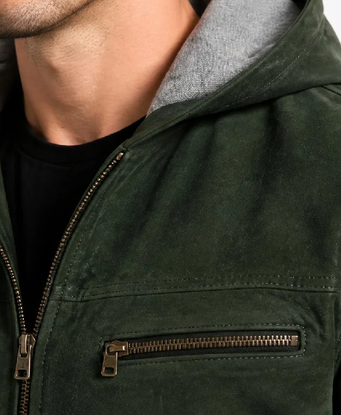 Nintenzo Green Hooded Suede Bomber Jacket For Mens