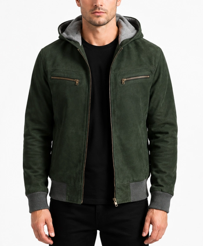 Nintenzo Green Hooded Suede Bomber Jacket