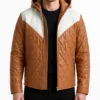 Norman Tan Hooded Bomber Puffer Leather Jacket