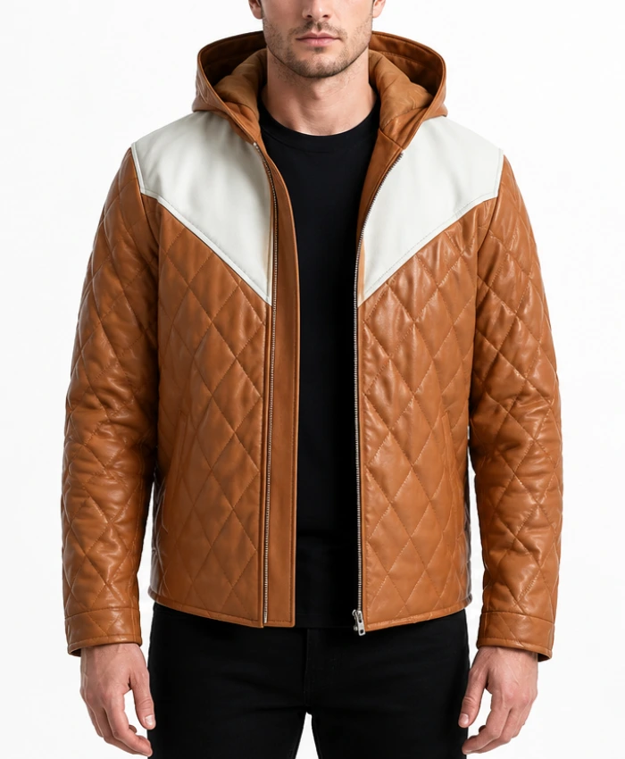 Norman Tan Hooded Bomber Puffer Leather Jacket