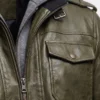 Olive Green Waxed Removable Hood Leather Jacket
