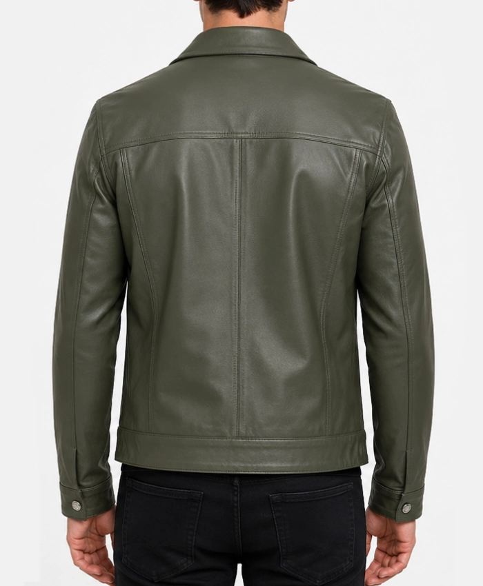 Four Pockets Olive Green Trucker Leather Jacket