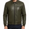 Olive Green Quilted Shoulders Leather Bomber Jacket For Mens