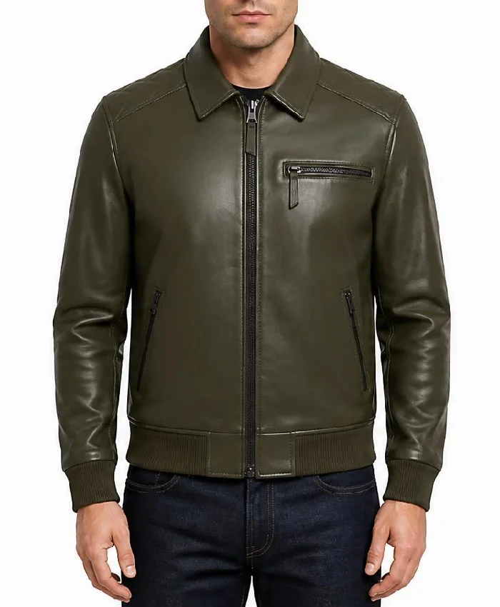 Olive Green Quilted Shoulders Leather Bomber Jacket For Mens