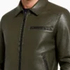 Olive Green Quilted Shoulders Leather Bomber Jacket Men