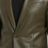 Olive Green Single Button Leather Blazer For Men