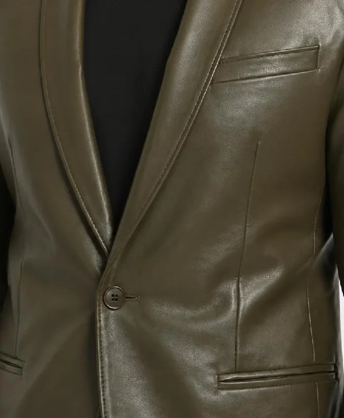 Olive Green Single Button Leather Blazer For Men
