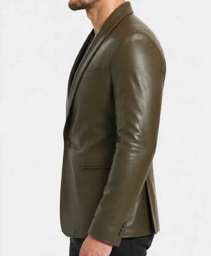 Olive Green Single Button Leather Blazer For Mens