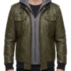 Waxed Leather Jacket with Removable Hood in Olive Green