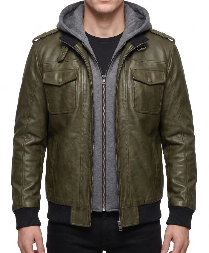 Waxed Leather Jacket with Removable Hood in Olive Green