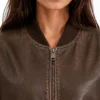 Oversized Brown Leather Bomber Jacket For Women