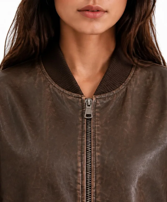 Oversized Brown Leather Bomber Jacket For Women