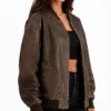 Oversized Brown Leather Bomber Jacket For Womens