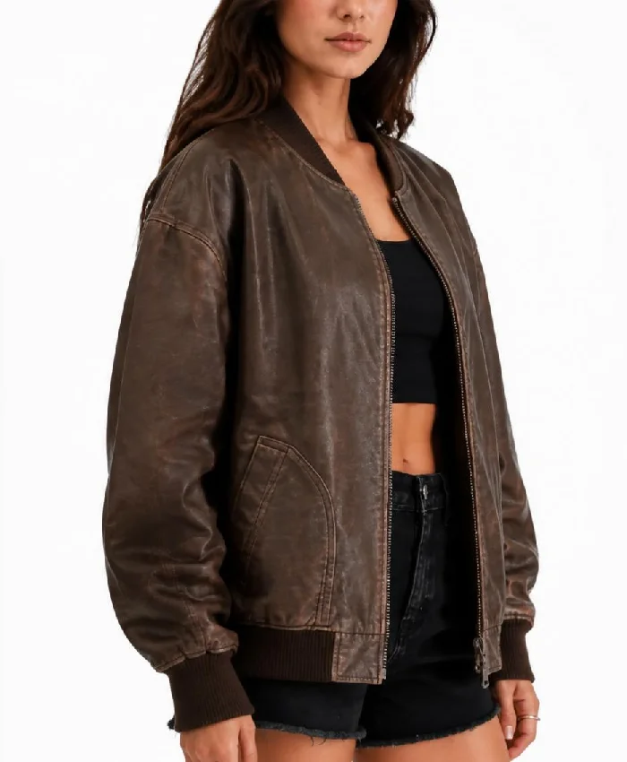 Oversized Brown Leather Bomber Jacket For Womens