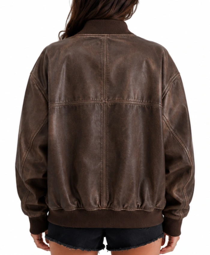 Womens Oversized Brown Leather Bomber
