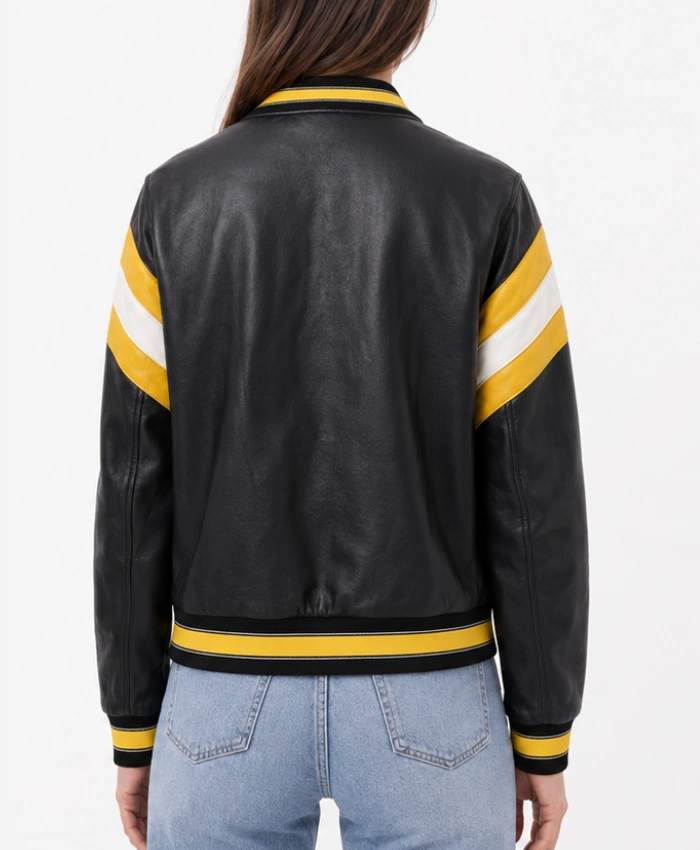 Womens Oversized Yellow and Black Leather Bomber Jacket