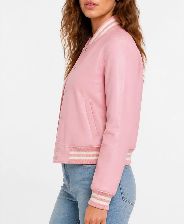 Pink Leather Varsity Jacket Womens