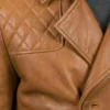Mens Quilted Shoulder Wide Lapel Collar Leather Trench Coat