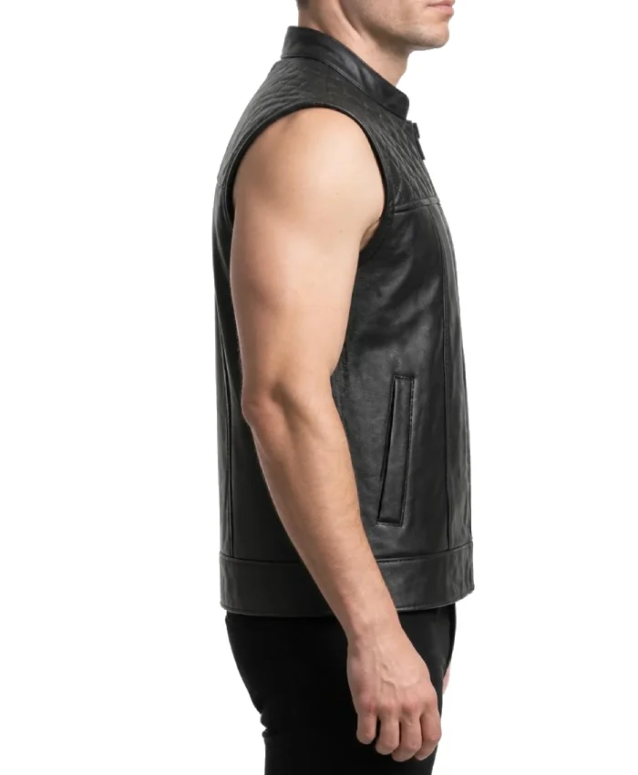 Quilted Shoulder Biker Leather Vest For Mens
