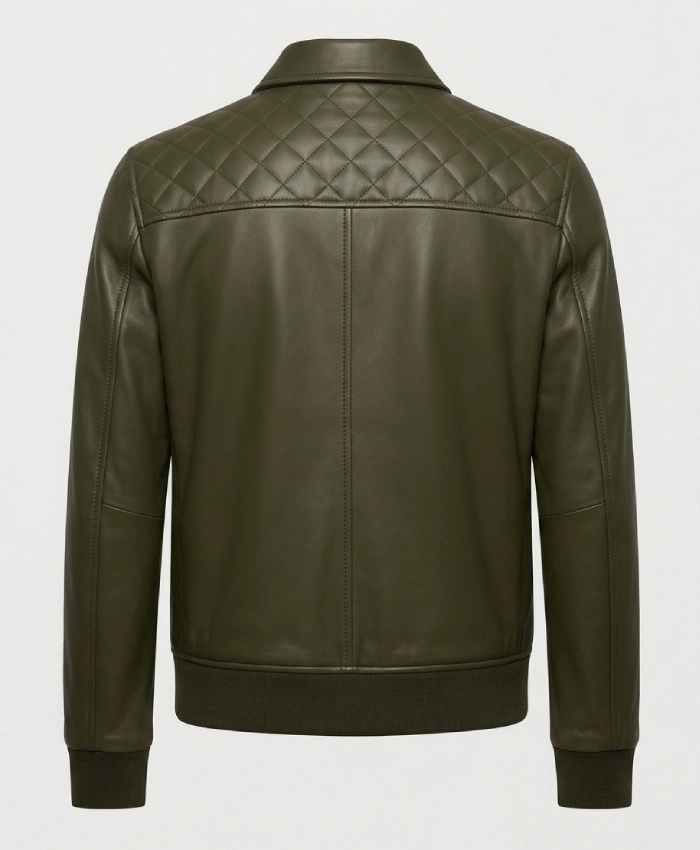 Mens Olive Green Quilted Shoulders Bomber Leather Jacket