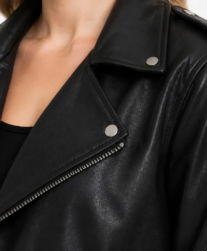 Real Leather Black Asymmetrical Biker Style Jacket For Women